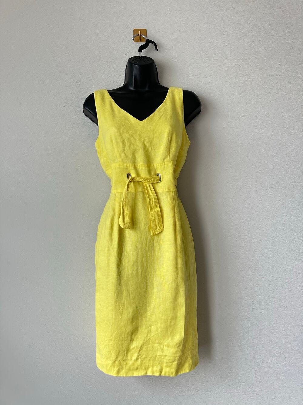 Vintage 90s Yellow 100% Linen Sheath Dress Sleeveless 90s Minimalist Summer Midi
